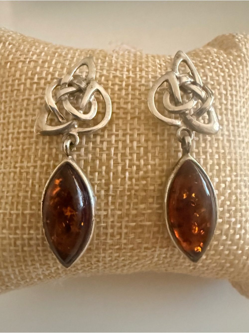 Sterling Silver Celtic Drop Earrings with Amber Marquise Stones